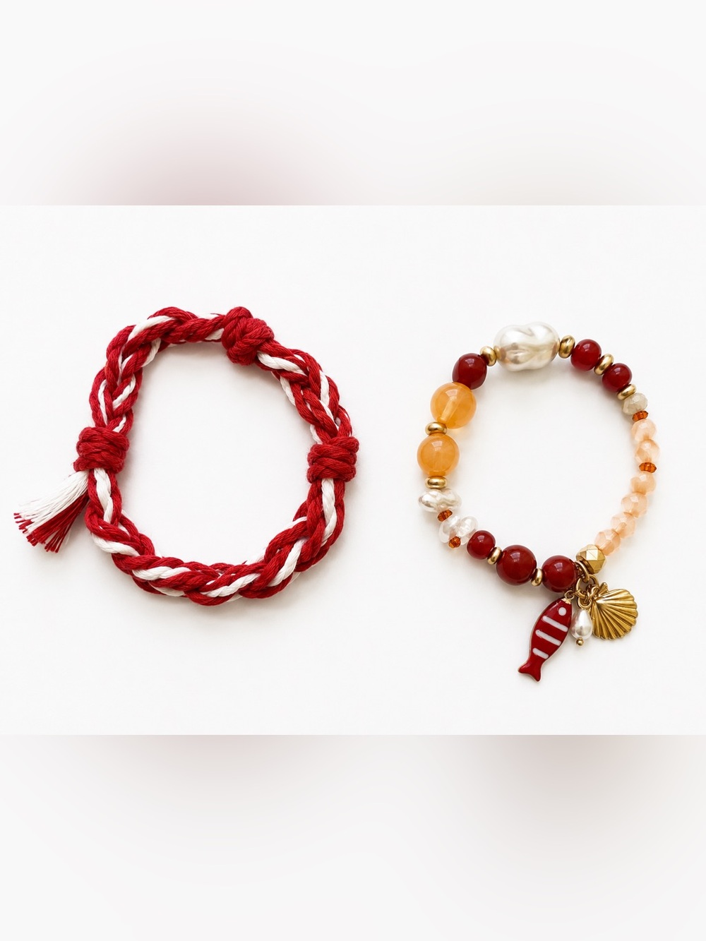 Nautical Red Beaded Charm & Braided Bracelet Set – New